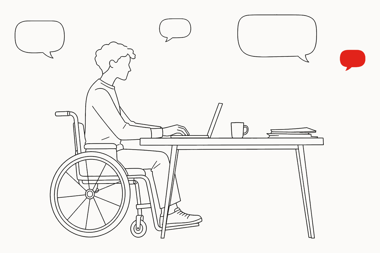 Line illustration: a person in a wheelchair working at a desk