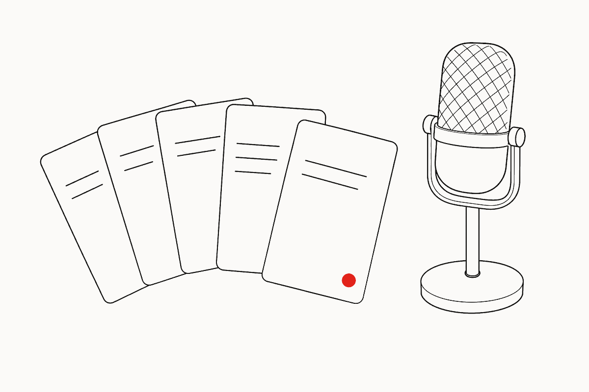 Ilustración: cinco tarjetas en abanico junto a un micrófono